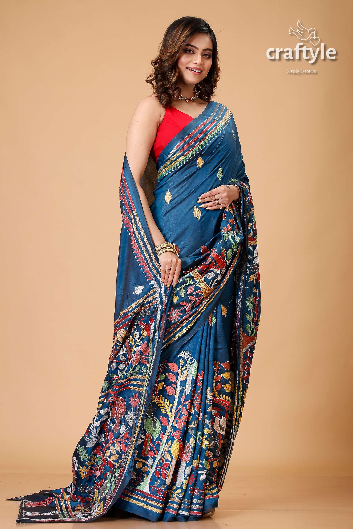 Pantone Blue Multicolor Silk Kantha Stitch Saree-Craftyle