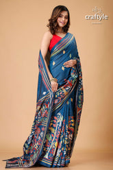 Pantone Blue Multicolor Silk Kantha Stitch Saree-Craftyle