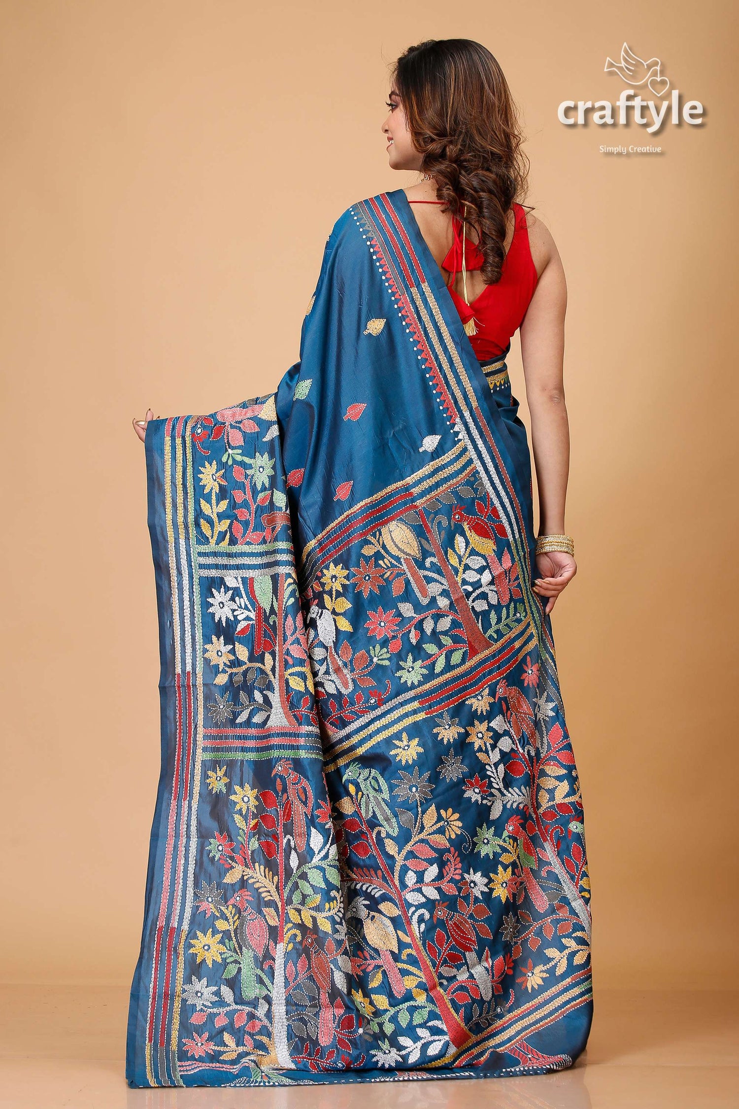Pantone Blue Multicolor Silk Kantha Stitch Saree-Craftyle