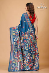 Pantone Blue Multicolor Silk Kantha Stitch Saree-Craftyle