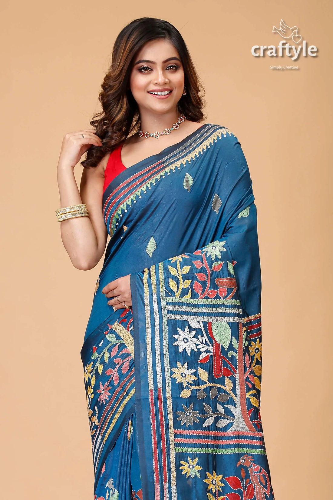 Pantone blue multicolor silk kantha stitch saree blue saree colorful embroidery 2