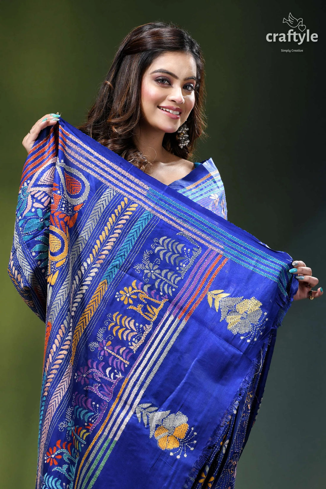 Pantone blue multicolor thread ethnic silk kantha saree vibrant royal blue silk saree 2