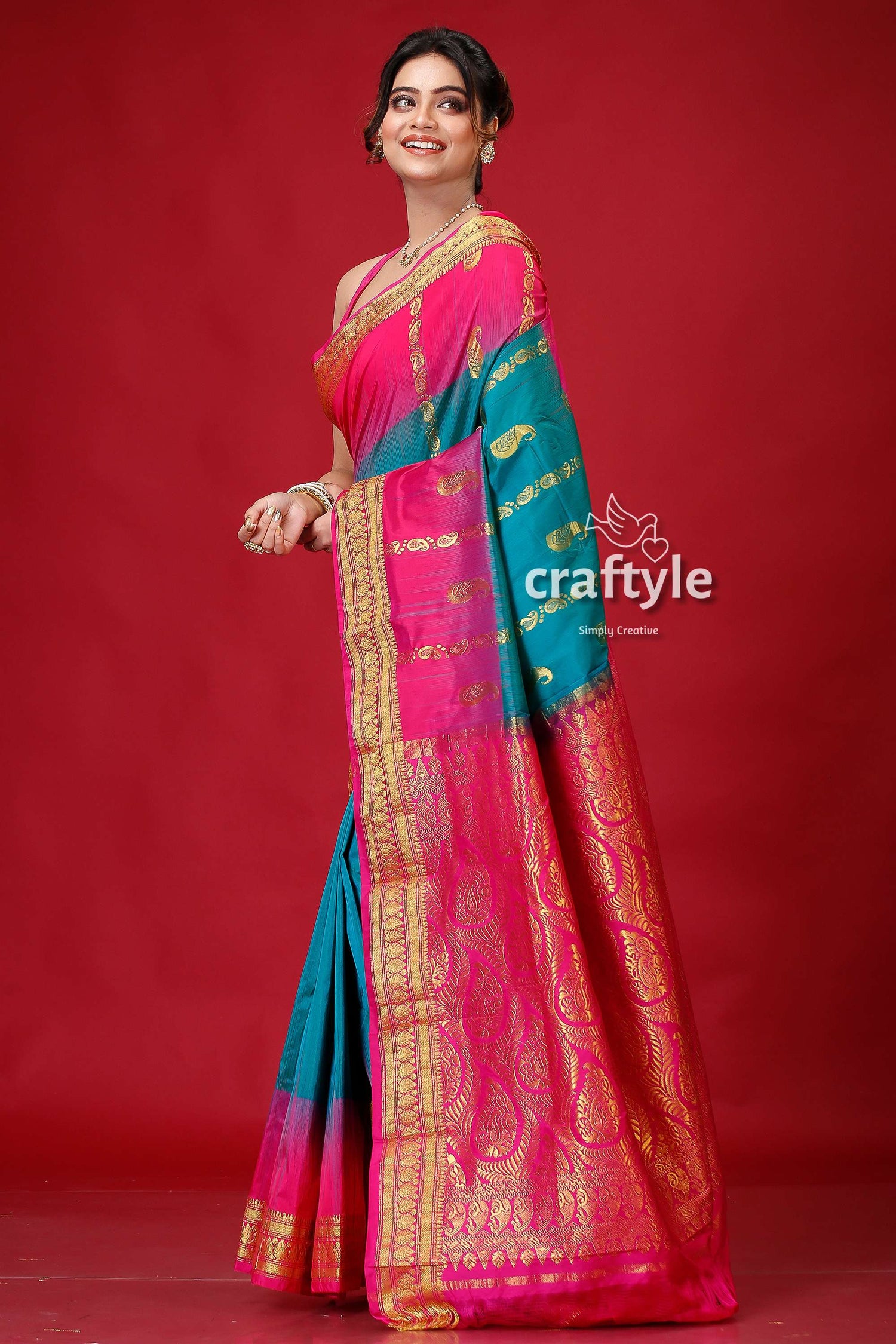 Pantone Pink and Green Kanjivaram Silk Saree-Craftyle