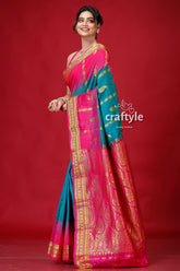 Pantone Pink and Green Kanjivaram Silk Saree-Craftyle