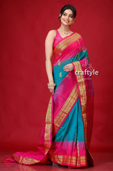 Pantone Pink and Green Kanjivaram Silk Saree-Craftyle