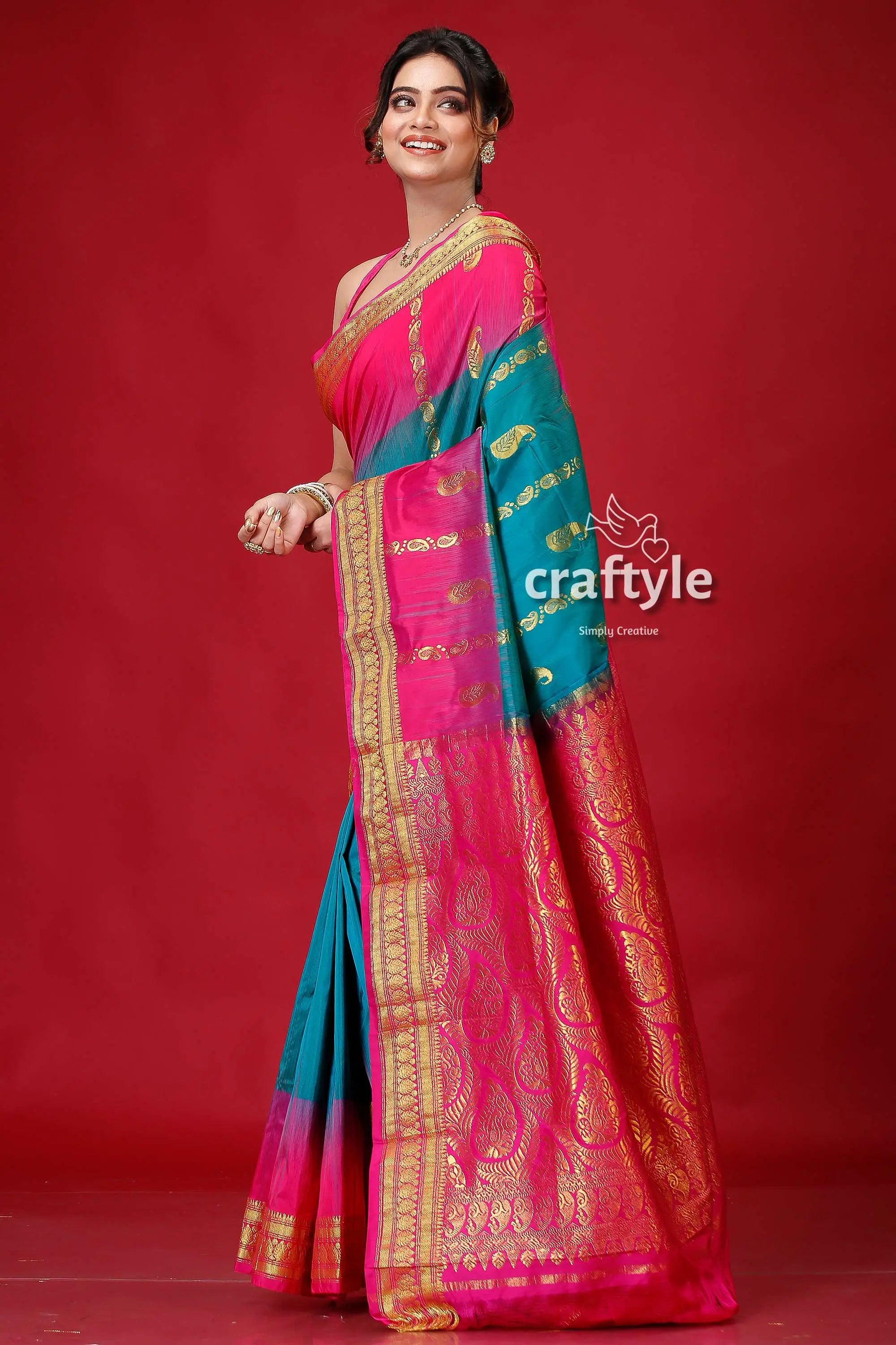 Pantone pink and green kanjivaram silk saree woman pink teal saree 3