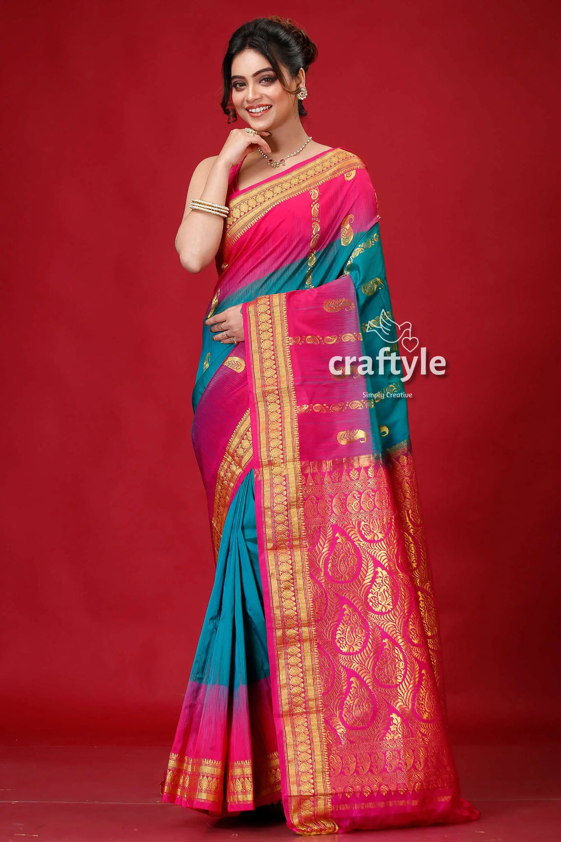 Pantone pink and green kanjivaram silk saree pink teal saree gold border 1