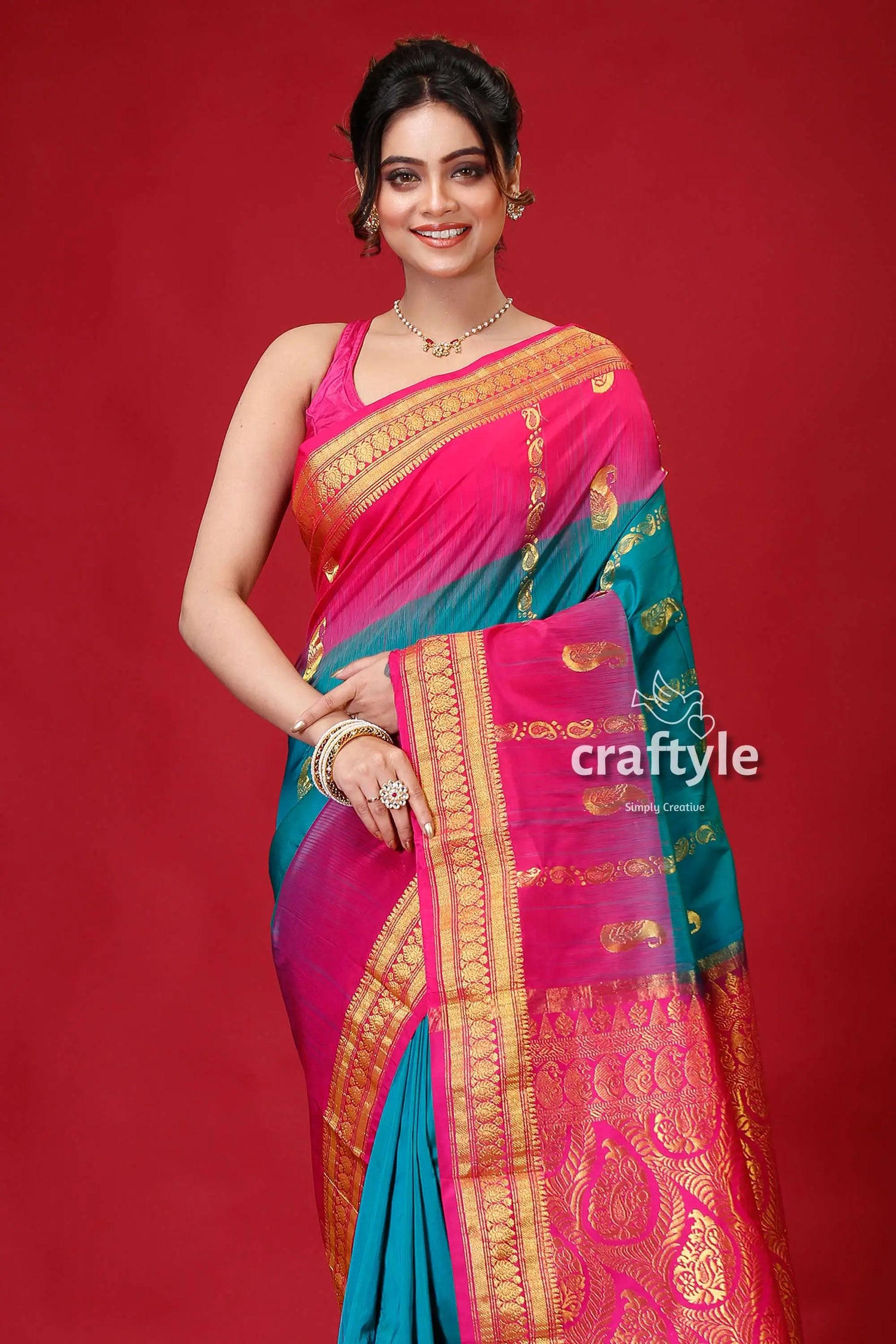 Pantone pink and green kanjivaram silk saree pink teal saree gold border 2