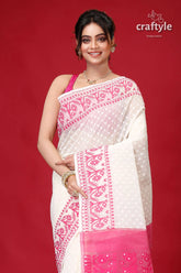 Pantone pink and white festive jamdani saree white saree pink floral embroidery 2