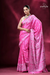 Pantone pink gujrati stitch handmade silk kantha saree pink saree white embroidery 6