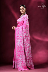 Pantone pink gujrati stitch handmade silk kantha saree pink saree white paisley embroidery 4