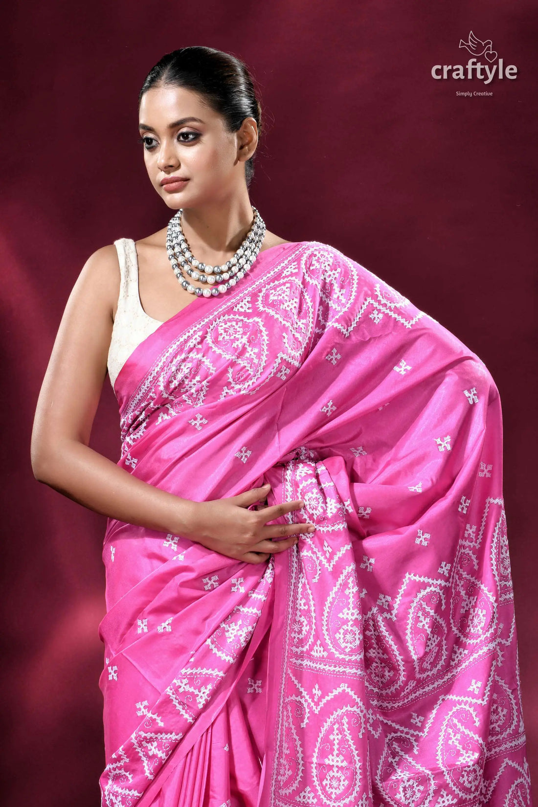 Pantone pink gujrati stitch handmade silk kantha saree pink saree white embroidery 2