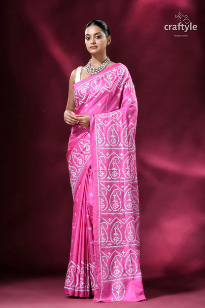 Pantone pink gujrati stitch handmade silk kantha saree pink saree white embroidery 3