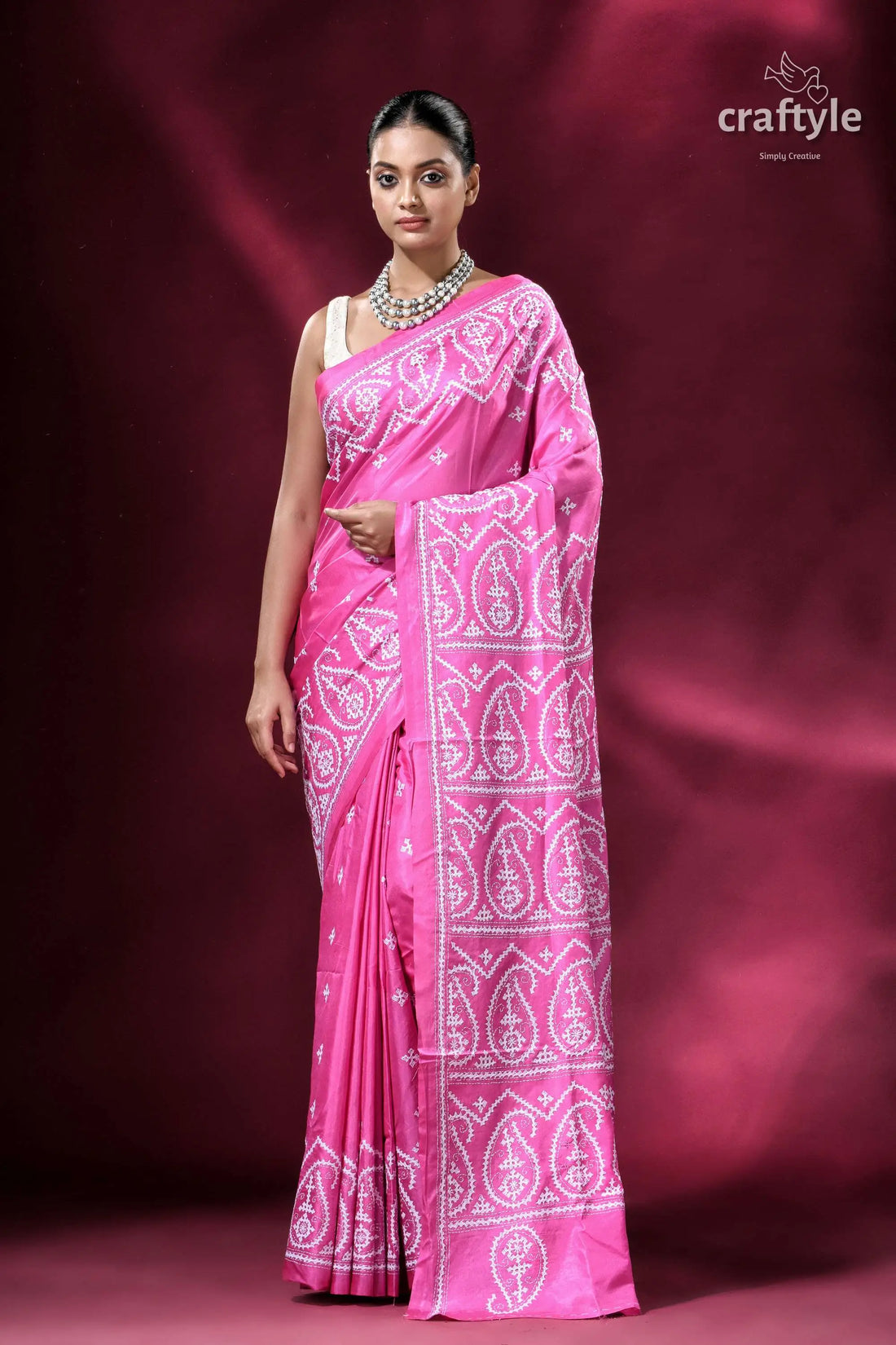 Pantone pink gujrati stitch handmade silk kantha saree pink saree white embroidery 1