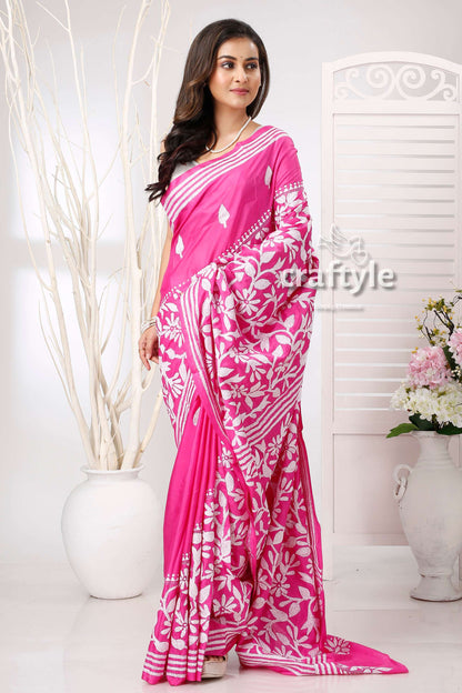 Pantone Pink White Thread Work Silk Kantha Work Saree - Craftyle