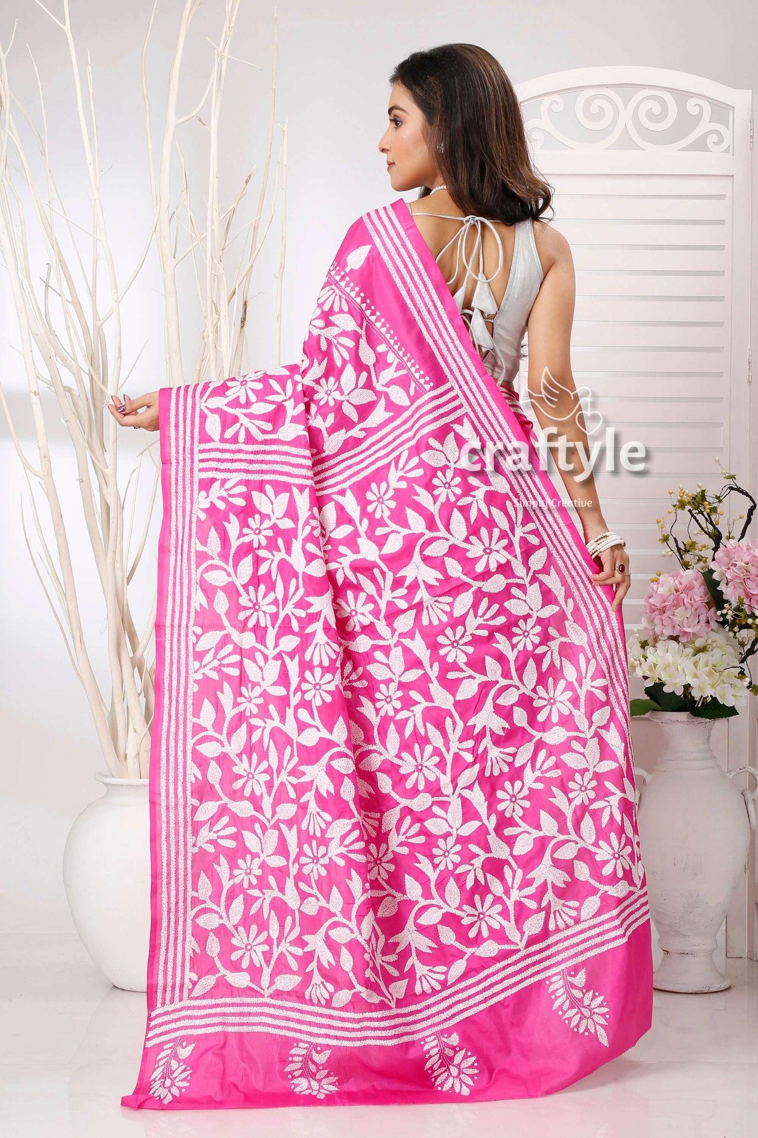 Pantone Pink White Thread Work Silk Kantha Work Saree - Craftyle