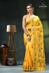 Pantone yellow classic hand kantha embroidery silk saree yellow floral embroidered saree blouse 1