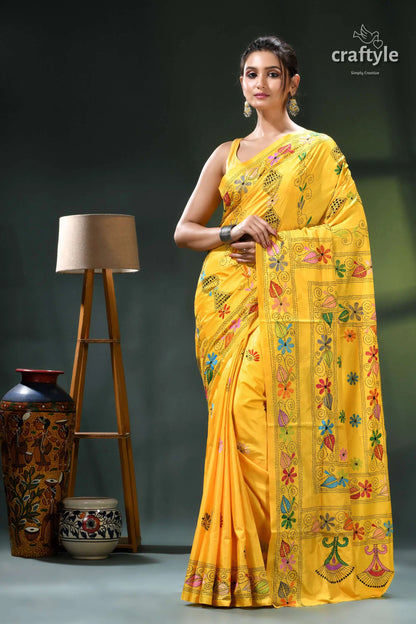 Pantone yellow classic hand kantha embroidery silk saree yellow saree floral bell designs 6