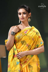 Pantone yellow classic hand kantha embroidery silk saree yellow floral embroidered saree silver 2