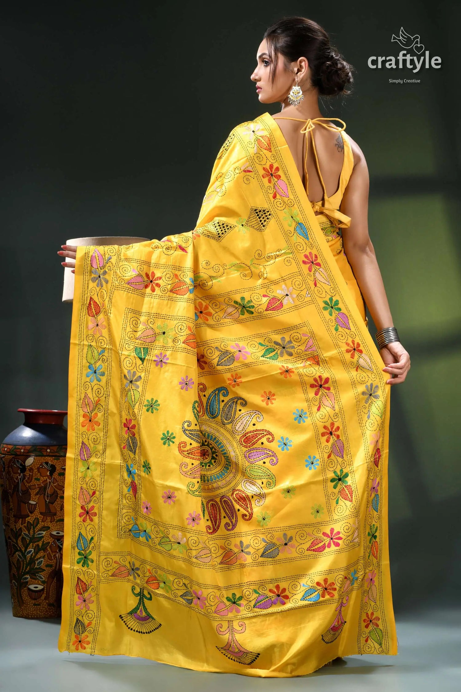 Pantone yellow classic hand kantha embroidery silk saree yellow embroidered saree peacock design 5