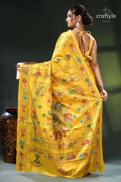 Pantone yellow classic hand kantha embroidery silk saree yellow embroidered saree peacock design 5
