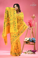 Pantone yellow hand embroidered silk kantha saree vibrant yellow saree green embroidered 4