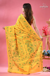 Pantone yellow hand embroidered silk kantha saree yellow saree intricate green embroidery 3
