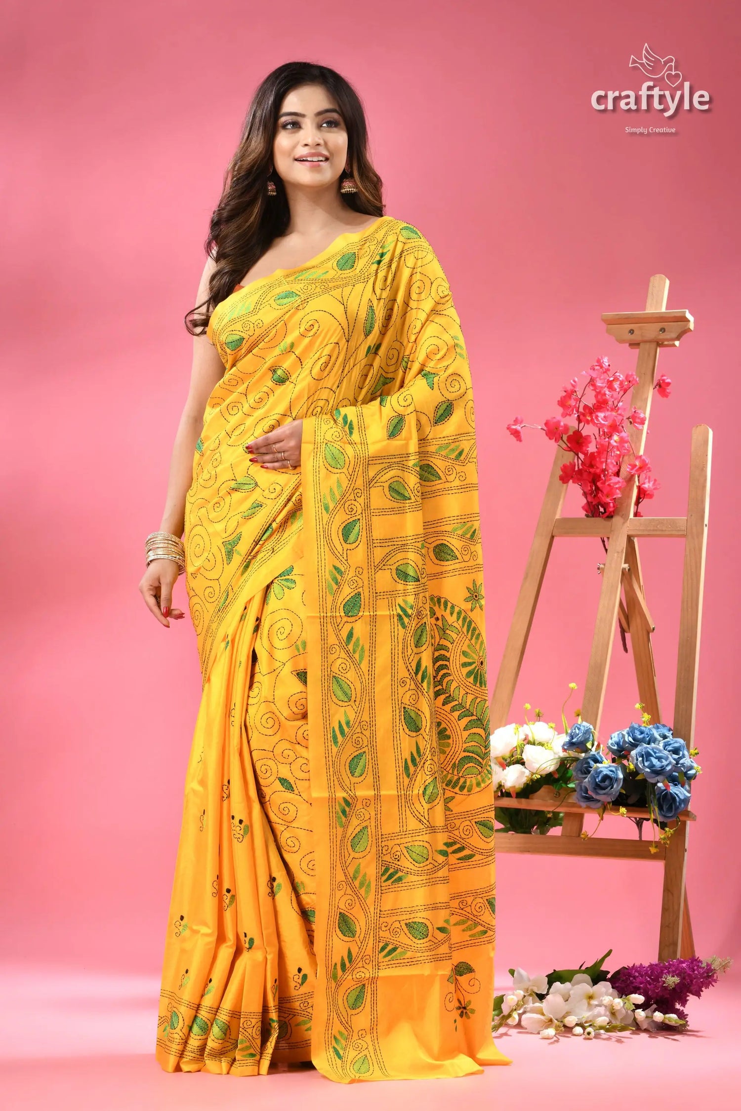 Pantone yellow hand embroidered silk kantha saree vibrant yellow saree intricate green 6