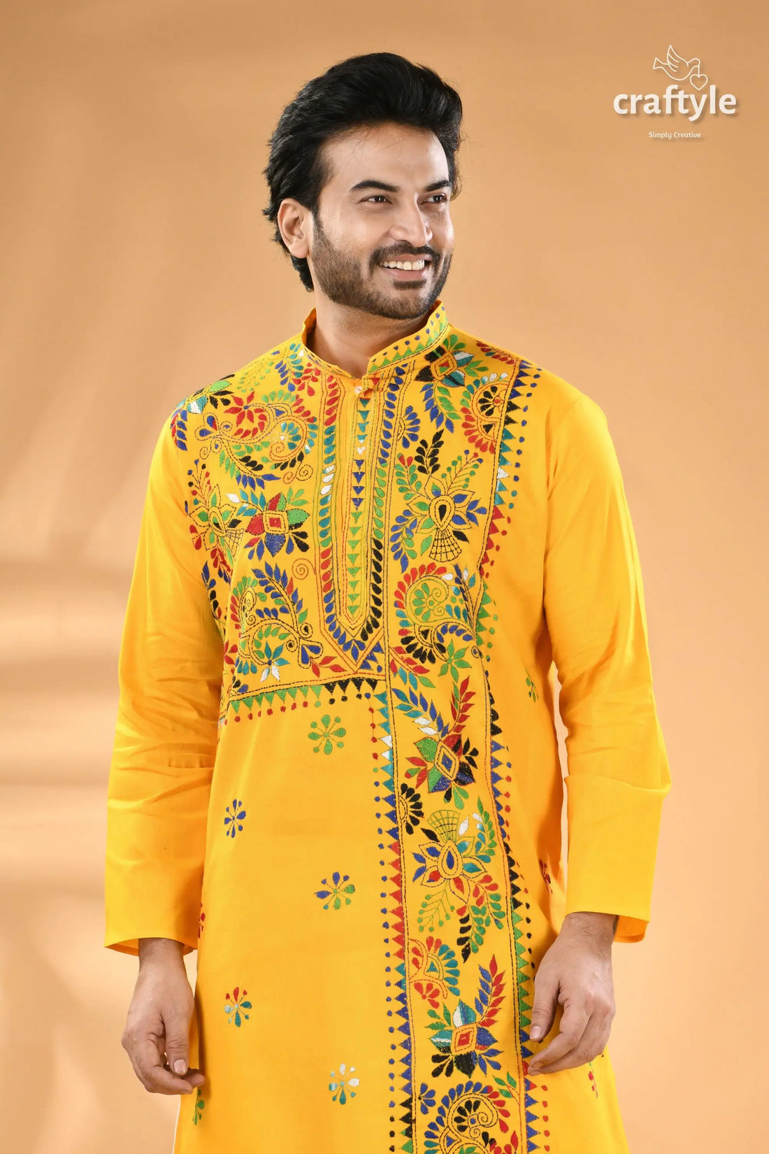 Pantone yellow multi thread kantha stitch cotton kurta for men men’s yellow embroidered kurta colorful 2