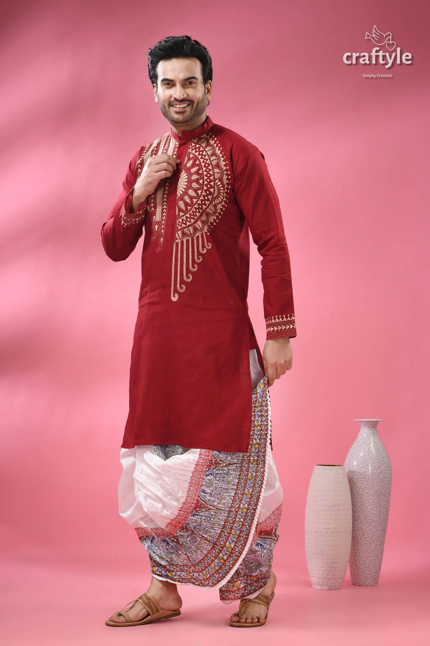 Paprika red beige thread work kantha cotton punjabi for men men’s embroidered kurta patterned 4