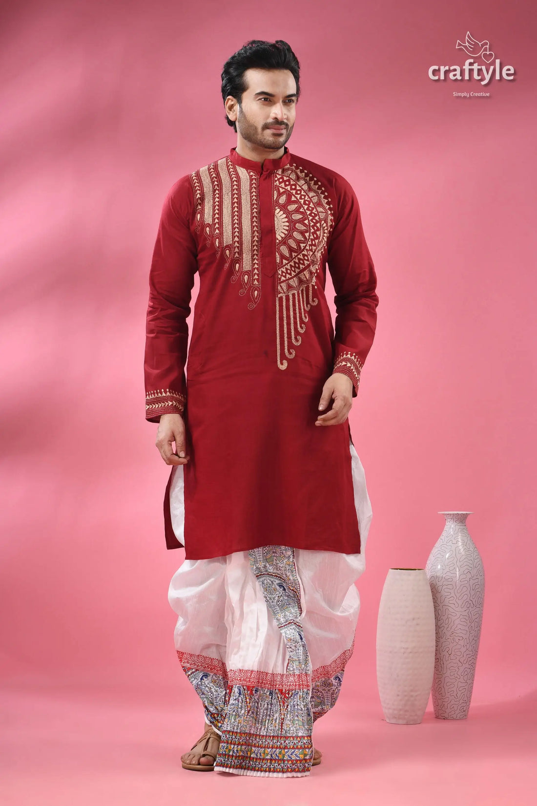 Paprika red beige thread work kantha cotton punjabi for men men’s maroon embroidered kurta white 1
