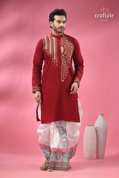 Paprika red beige thread work kantha cotton punjabi for men men’s maroon embroidered kurta white 1