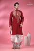 Paprika red beige thread work kantha cotton punjabi for men men’s maroon embroidered kurta white 1