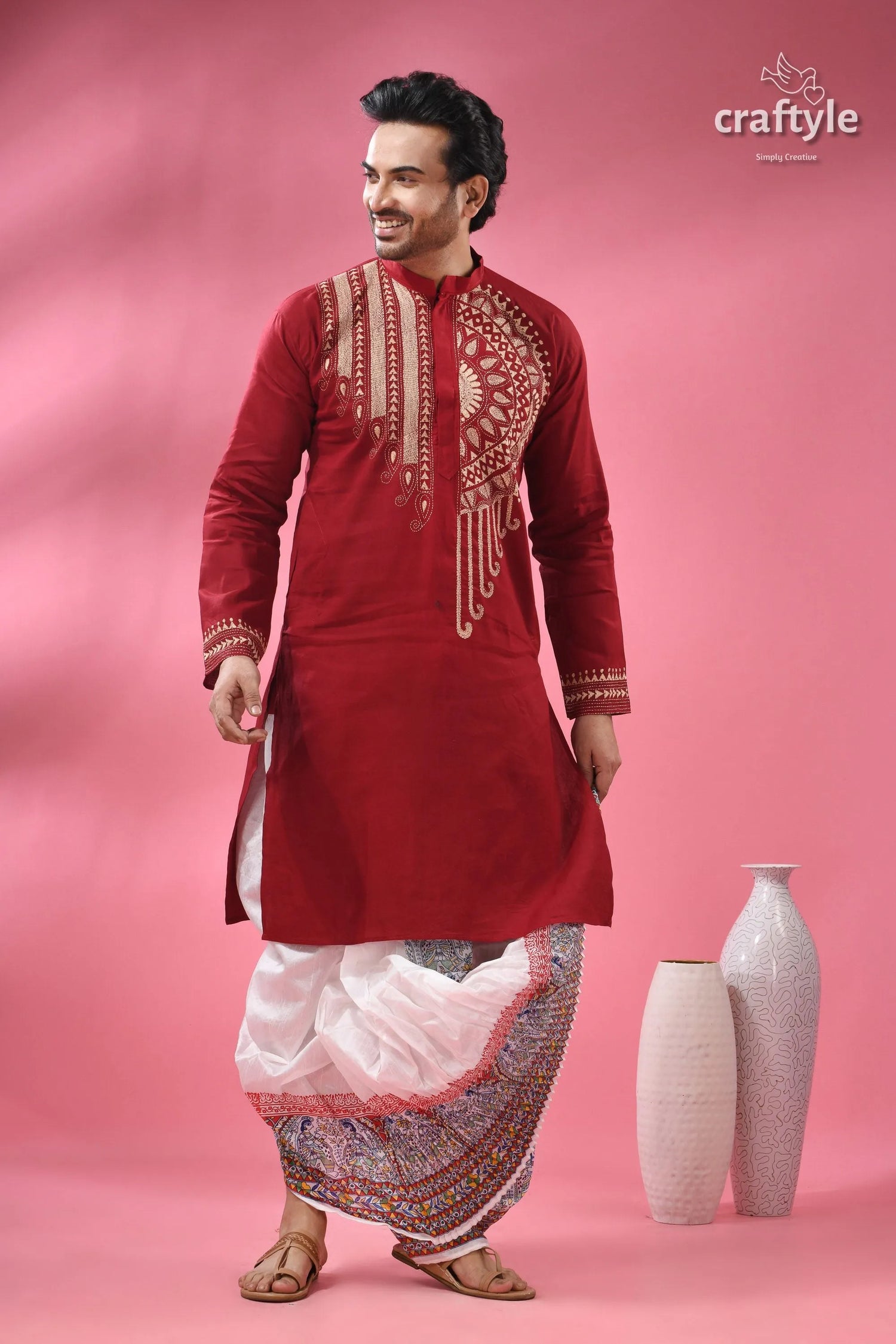 Paprika red beige thread work kantha cotton punjabi for men men’s embroidered kurta white 6