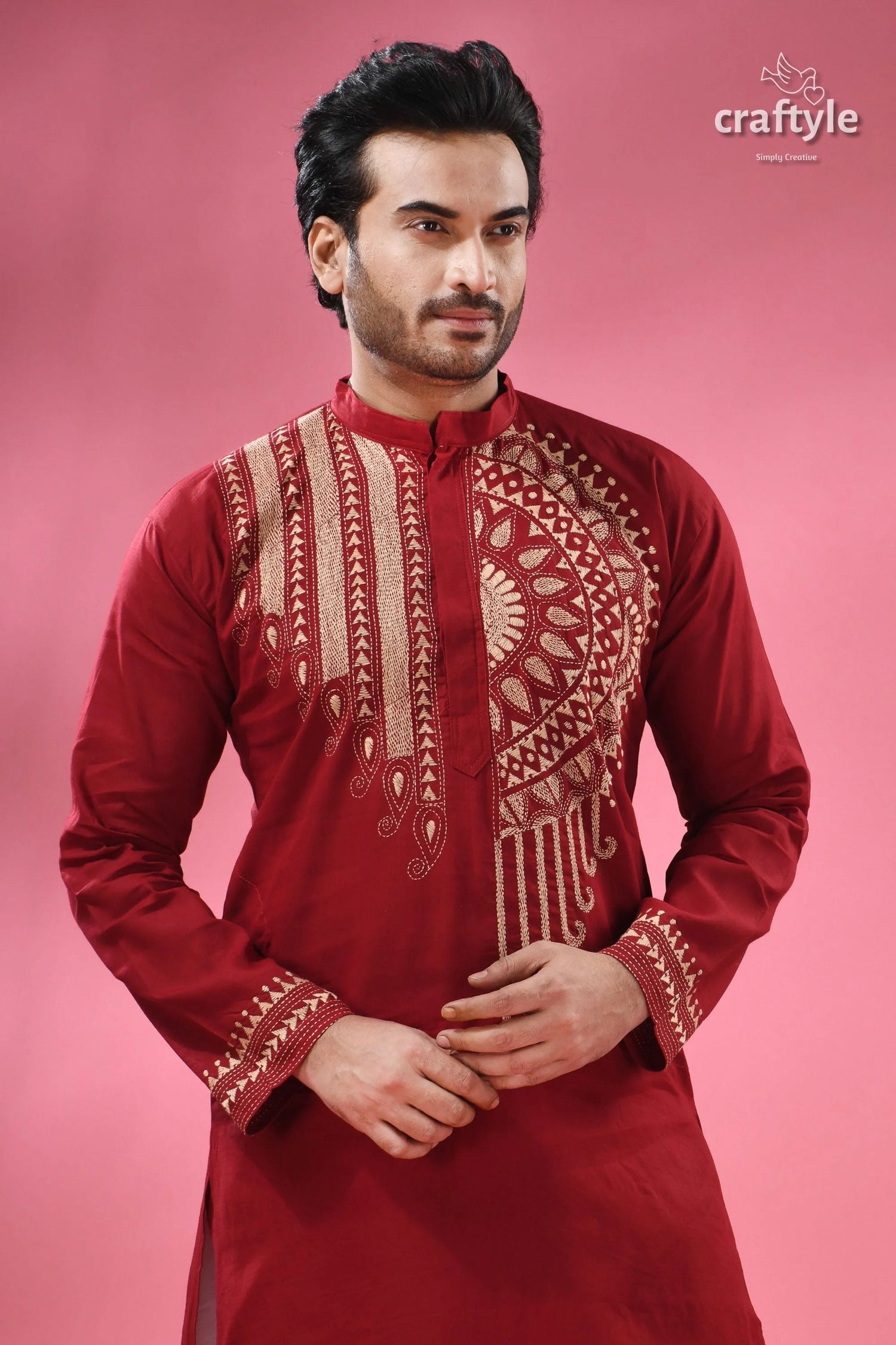 Paprika red beige thread work kantha cotton punjabi for men men’s embroidered 2