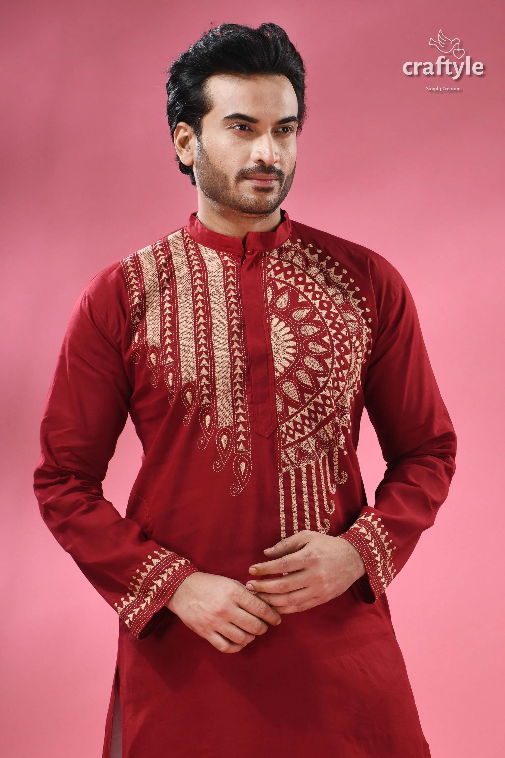 Paprika red beige thread work kantha cotton punjabi for men men’s embroidered 2