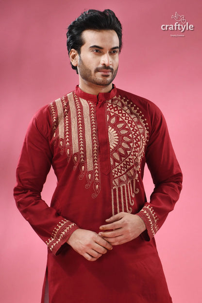 Paprika red beige thread work kantha cotton punjabi for men men’s embroidered 2
