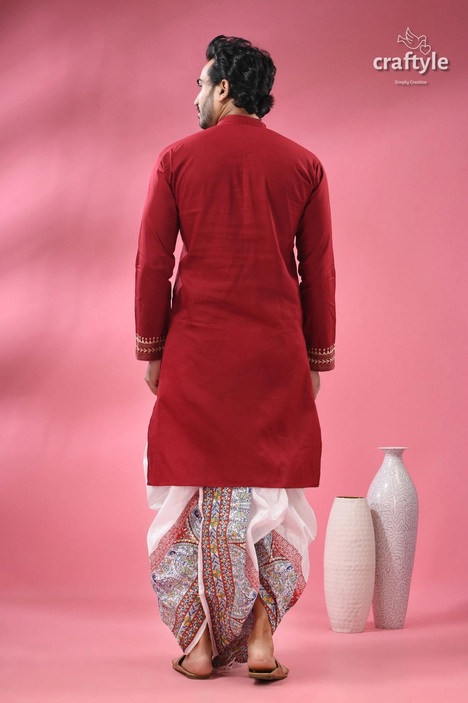 Paprika red beige thread work kantha cotton punjabi for men man kurta gold embroidery 7