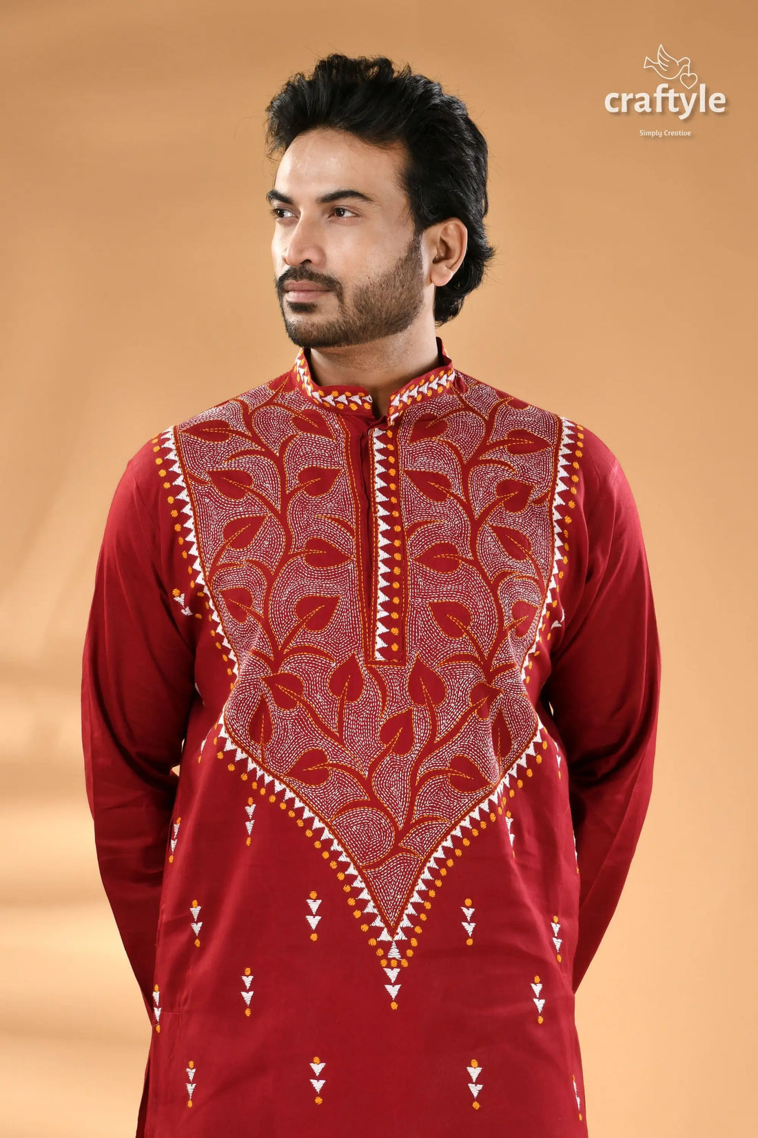 Paprika red exclusive leaf motif cotton kurta for men reverse stitch men’s maroon embroidered kurta 2