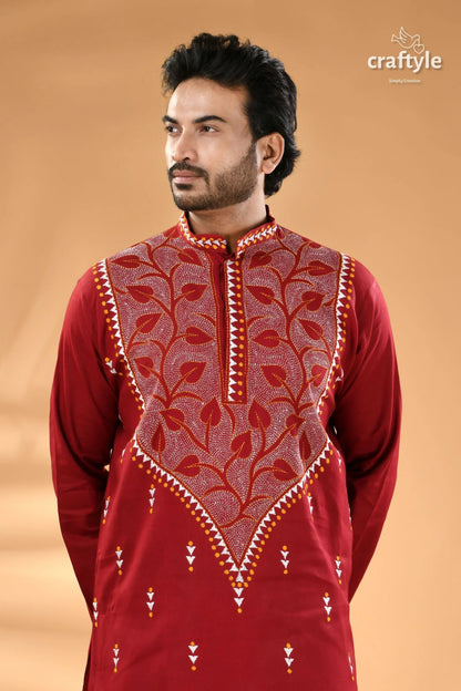 Paprika red exclusive leaf motif cotton kurta for men reverse stitch men’s maroon embroidered kurta 2