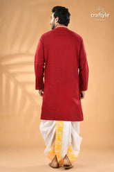 Paprika red exclusive leaf motif cotton kurta for men reverse stitch men’s red long sleeved kurta white 6