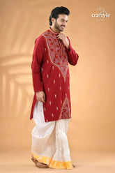 Paprika red exclusive leaf motif cotton kurta for men reverse stitch men’s maroon embroidered kurta white 3