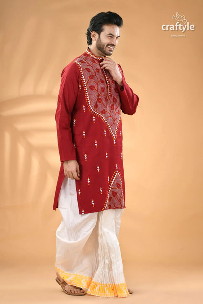 Paprika red exclusive leaf motif cotton kurta for men reverse stitch men’s maroon embroidered kurta white 3