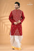 Paprika red exclusive leaf motif cotton kurta for men reverse stitch men’s red embroidered kurta white 1