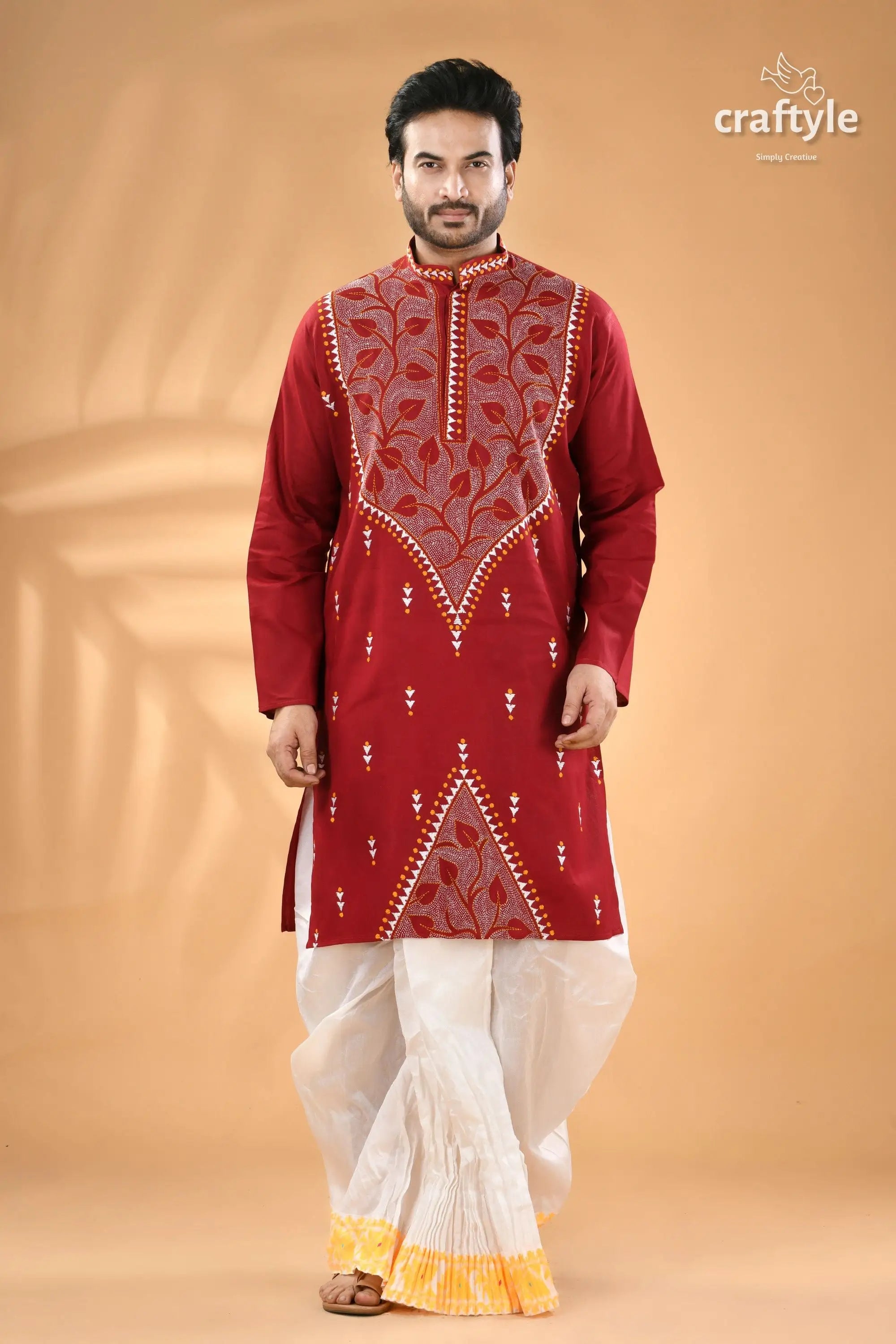 Paprika red exclusive leaf motif cotton kurta for men reverse stitch men’s maroon embroidered kurta white 5