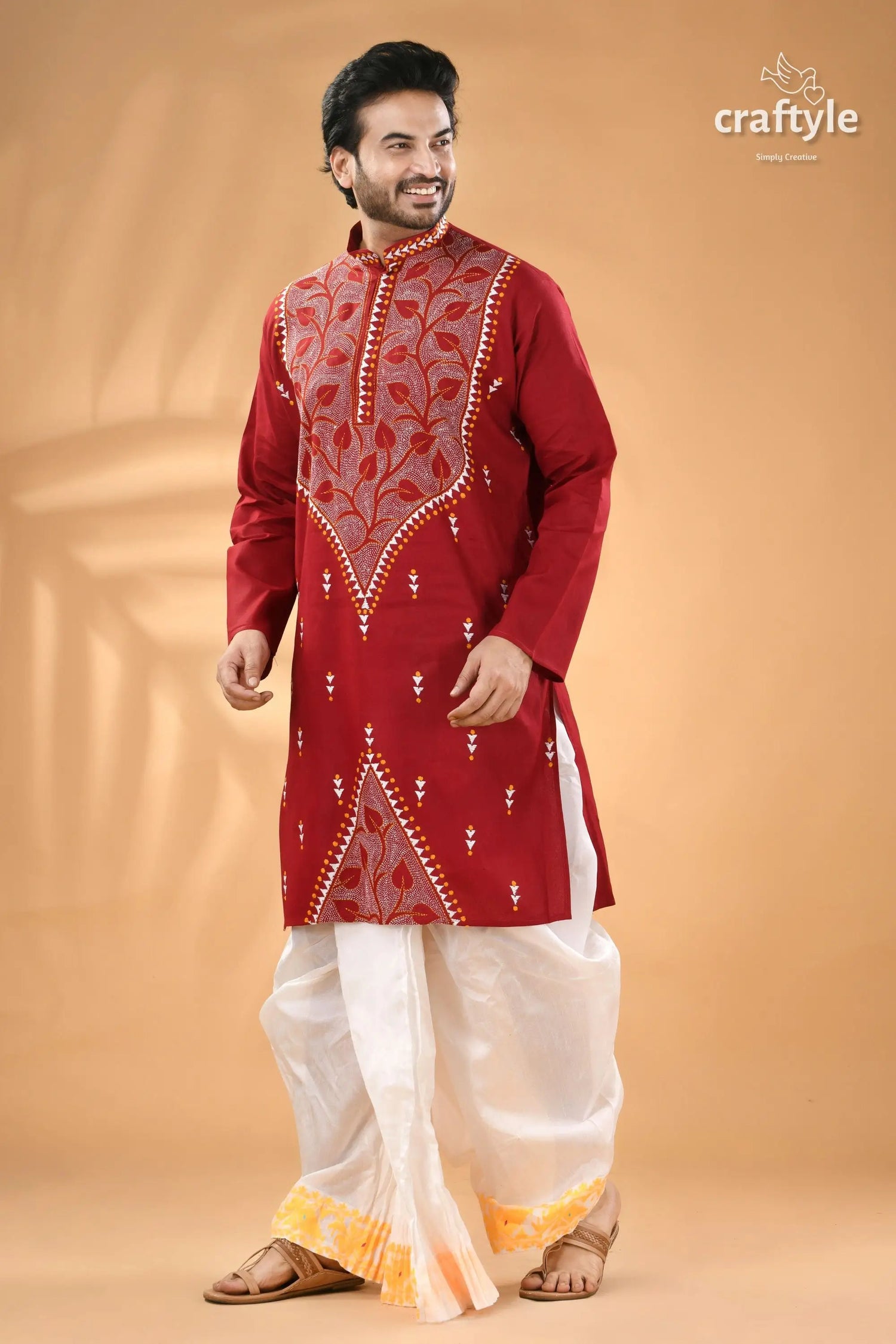Paprika red exclusive leaf motif cotton kurta for men reverse stitch men’s maroon embroidered kurta white 4