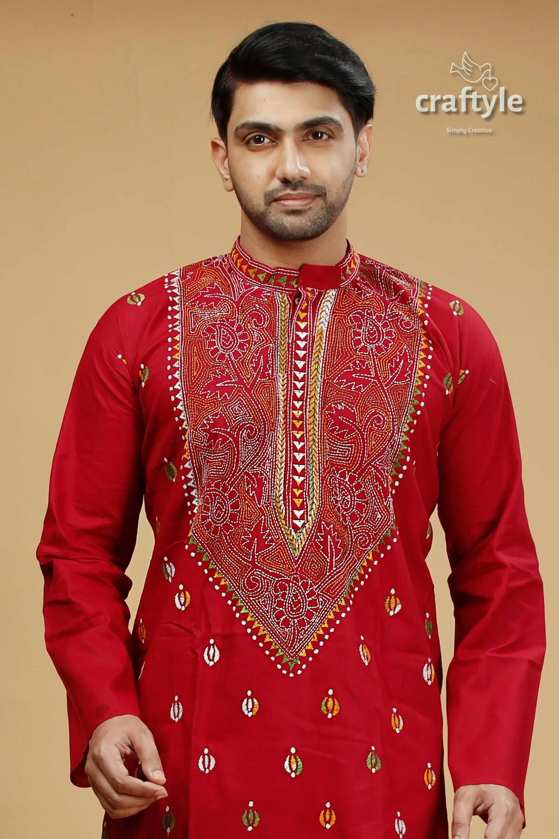 Paprika red multicolor hand kantha work cotton ethnic punjabi red embroidered kurta 2