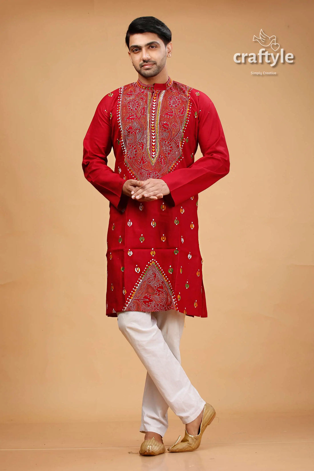 Paprika red multicolor hand kantha work cotton ethnic punjabi red embroidered kurta white pants 1