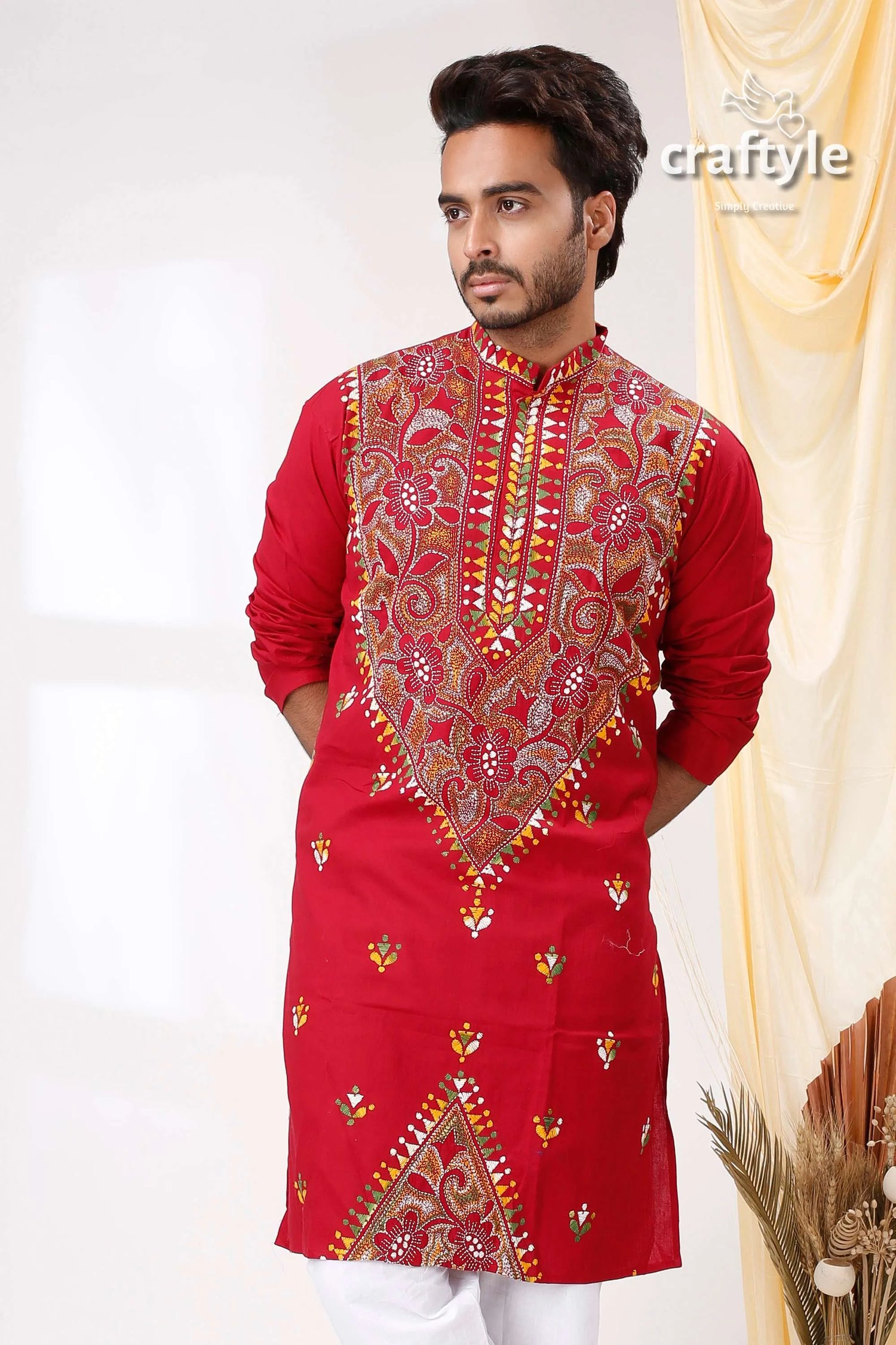 Paprika red multicolor reverse kantha work cotton kurta for men embroidered intricate floral 2