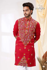 Paprika red multicolor reverse kantha work cotton kurta for men embroidered intricate floral 2